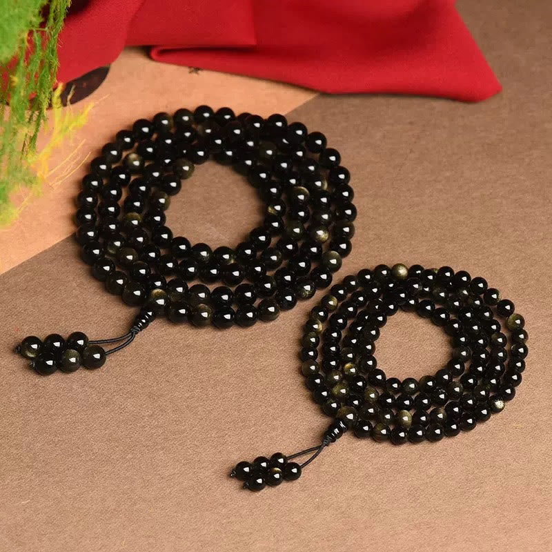 Buddha Stones 108 Mala Beads Naturalny Złoty Połysk Obsydian Bransoletka Bogactwa