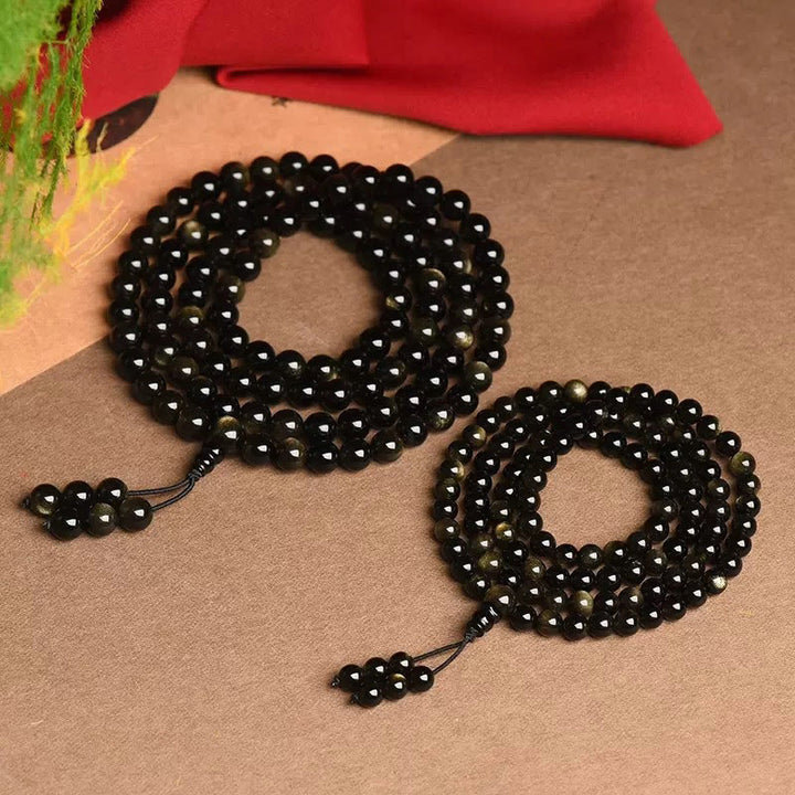 Buddha Stones 108 Mala Beads Naturalny Złoty Połysk Obsydian Bransoletka Bogactwa