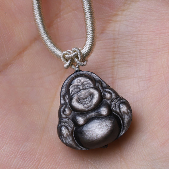 Buddha Stones Naturalny Srebrny Połysk Obsydian Śmiejący się Budda Naszyjnik Ochronny Wisiorek - image 3