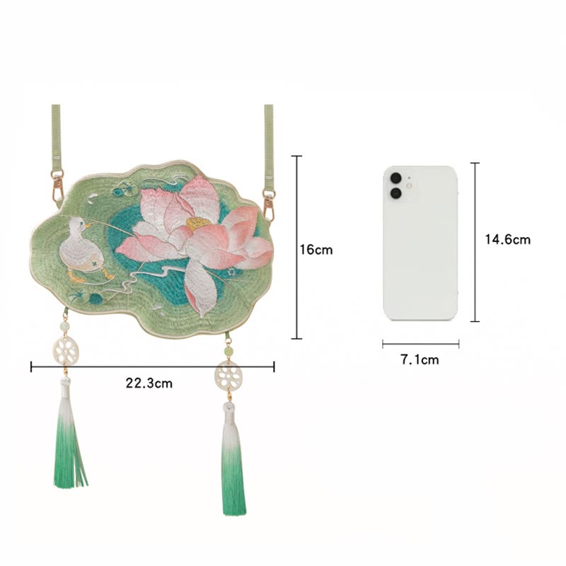 Buddha Stones Szczęście Haft Lotos Koi Ryba Królik Kwiat Hanfu Torba Crossbody Torba na Ramię