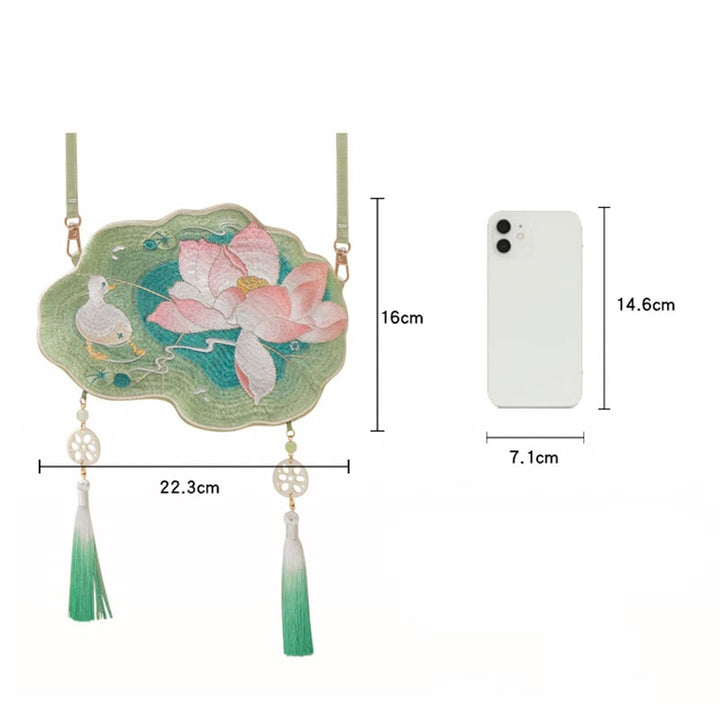 Buddha Stones Szczęście Haft Lotos Koi Ryba Królik Kwiat Hanfu Torba Crossbody Torba na Ramię