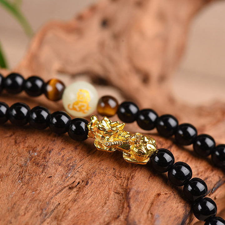 Buddha Stones Chiński Zodiak Obsydian PiXiu Ochrona Mala Bransoletka