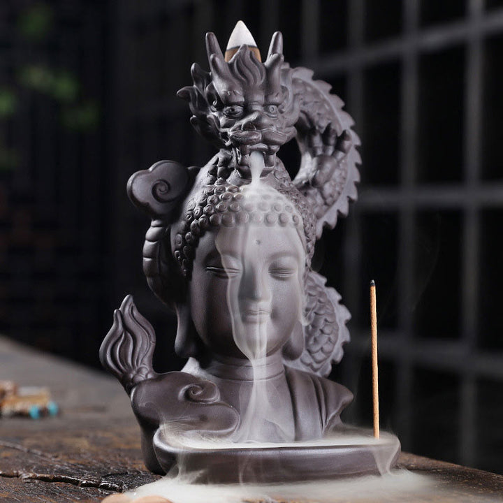 Buddha Stones Smok Budda Pomyślne Chmury Fioletowa Glina Uzdrawiająca Kadzielnica Dekoracja
