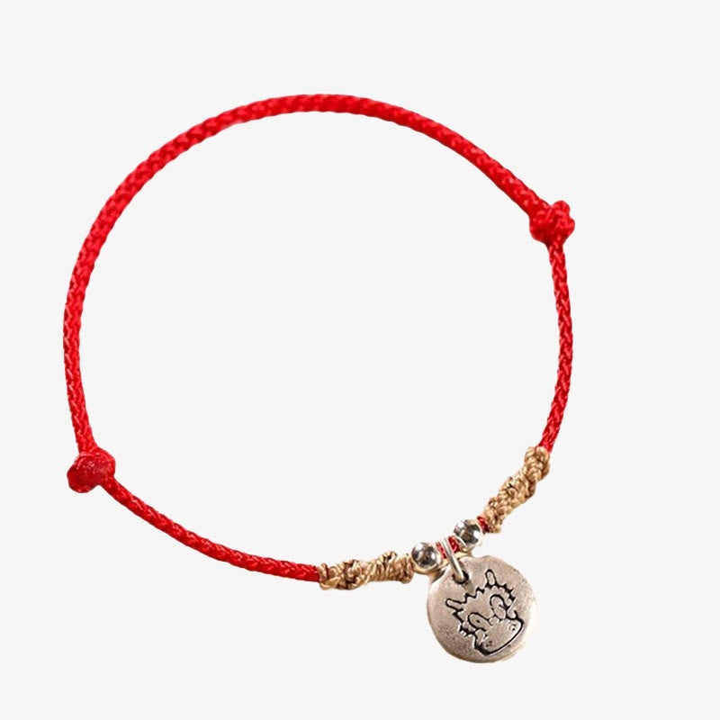 Buddha Stones Ręcznie robione 999 Srebro Sterling Rok Smoka Uroczy Chiński Zodiak Szczęście Pleciona Bransoletka