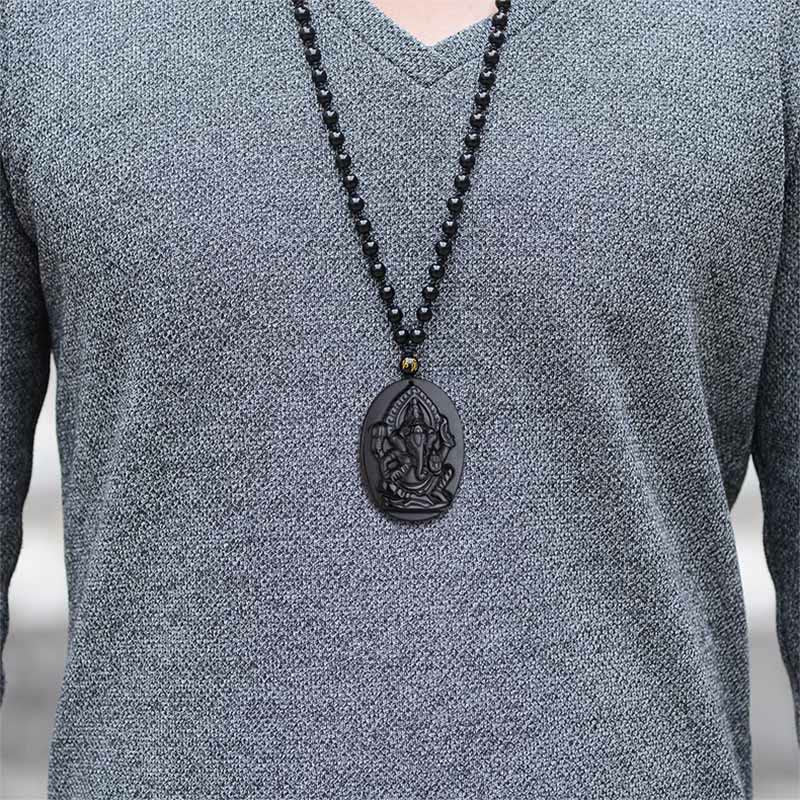 Buddha Stones Tybetański Obsydian Ganesh Ganpati Słoń Bogactwo Amulet Naszyjnik