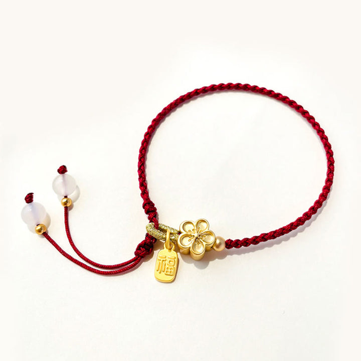 Buddha Stones Ręcznie Robione Brzoskwiniowe Kwiaty Rozeta Kokarda Węzeł Fu Charakter Charm Szczęście Fortuna Czerwona Bransoletka Lina