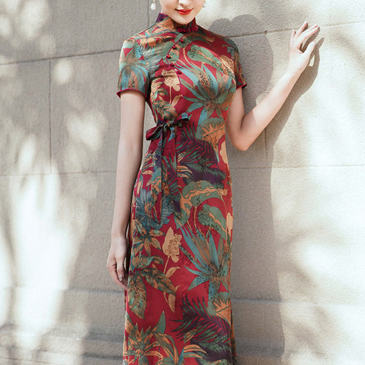 Suknia Qipao z Buddha Stones z jedwabiu w stylu retro z wzorem liści kwiatów i kwiatów, damska sukienka Cheongsam