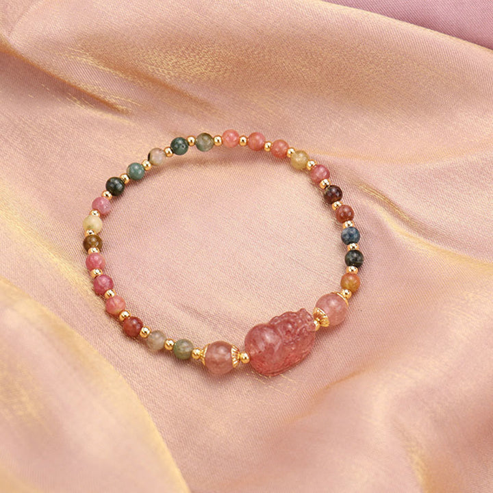 Bransoletka ochronna z Buddha Stones , naturalnym turmalinem, granatem i kwarcem truskawkowym PiXiu Moonstone
