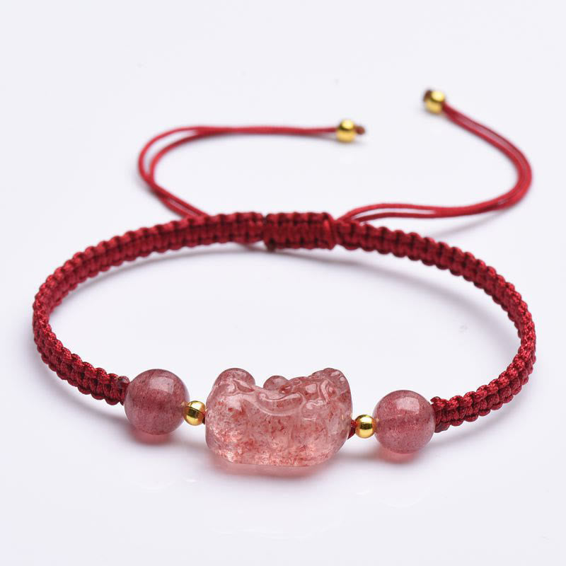 Buddha Stones Naturalny Kwarc Truskawkowy PiXiu Bransoletka Szczęścia Czerwony Sznurek