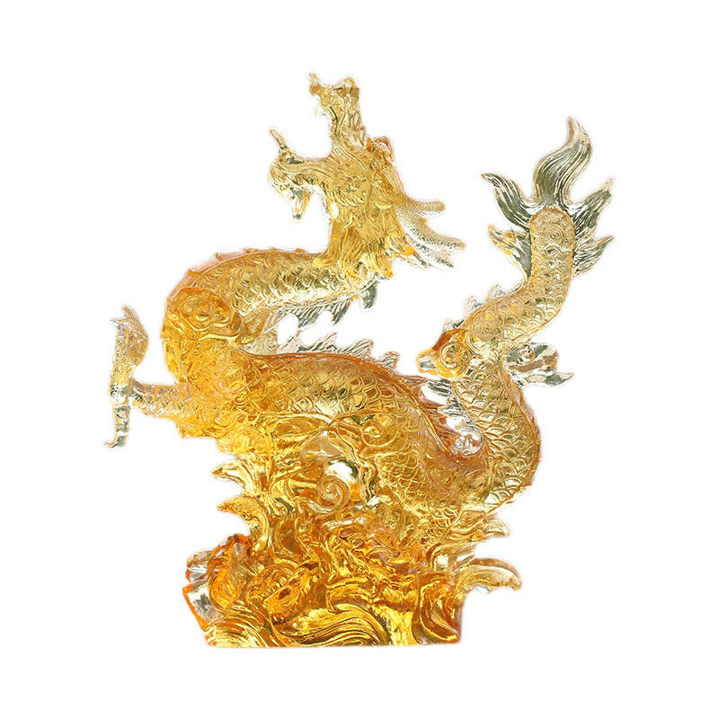 Buddha Stones Ręcznie Chińskie Zodiak Żółty Smok Liuli Kryształowe Dzieło Sztuki Szczęścia Ochrona Dekoracja Domu i Biura