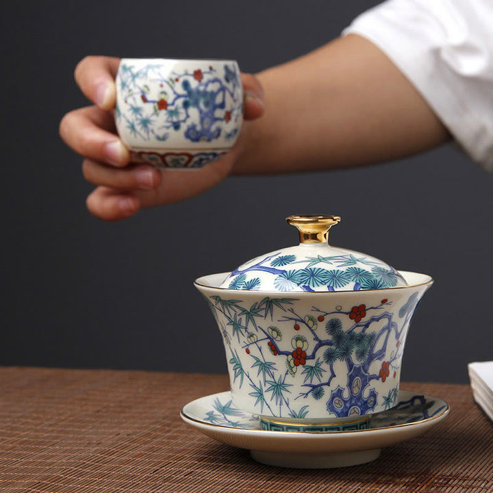 Buddha Stones Retro Śliwkowy Kwiat Sosna Bambus Feniks Kirin Ceramiczny Gaiwan Sancai Filiżanka do herbaty Kung Fu Filiżanka do herbaty i spodek z pokrywką