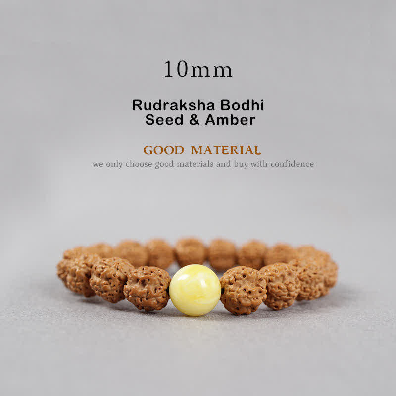 Buddha Stones Tybet Rudraksha Bodhi Nasiona Dzi Koralik Bursztyn Turkus Bransoletka Bogactwo - 10 mm - Nasiona Rudraksha Bodhi i bursztyn - image 12