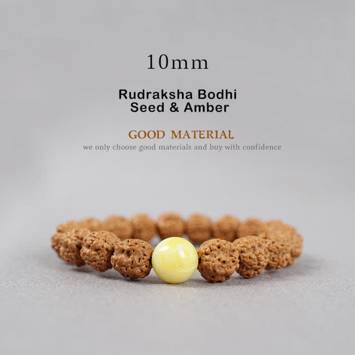 Buddha Stones Tybet Rudraksha Bodhi Nasiona Dzi Koralik Bursztyn Turkus Bransoletka Bogactwo - 10 mm - Nasiona Rudraksha Bodhi i bursztyn - image 12
