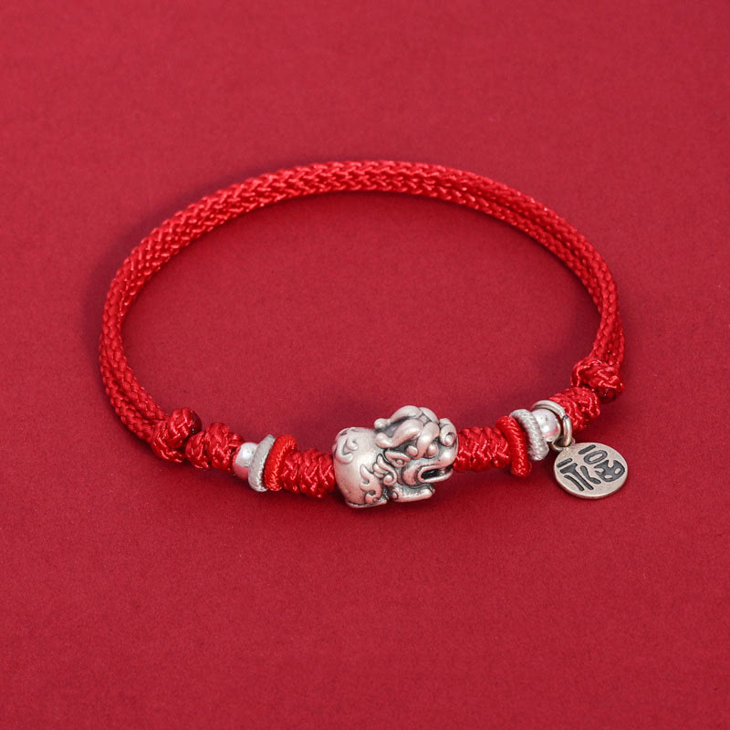 Buddha Stones 925 Srebro Sterlingowe PiXiu Fu Charakter Bogactwo Szczęście Ręcznie Pleciona Bransoletka - Czerwona lina (obwód nadgarstka 14-17 cm) - image 1