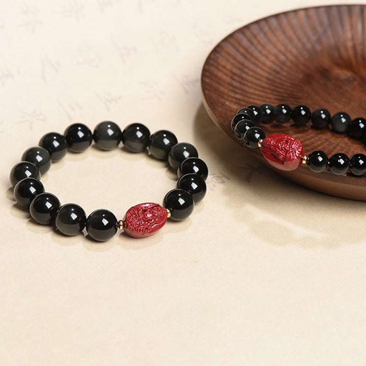 Buddha Stones Chiński Zodiak Natal Budda Naturalny Czarny Obsydian Cynober Oczyszczająca Bransoletka