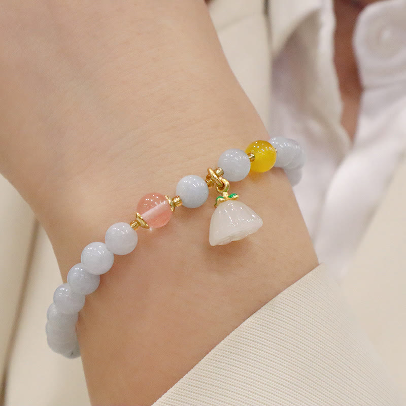 Buddha Stones Naturalny Akwamaryn Chalcedon Spokój Królik Tykwa Kot Bransoletka z zawieszkami - Akwamaryn Chalcedon Lotos Strąk - image 8