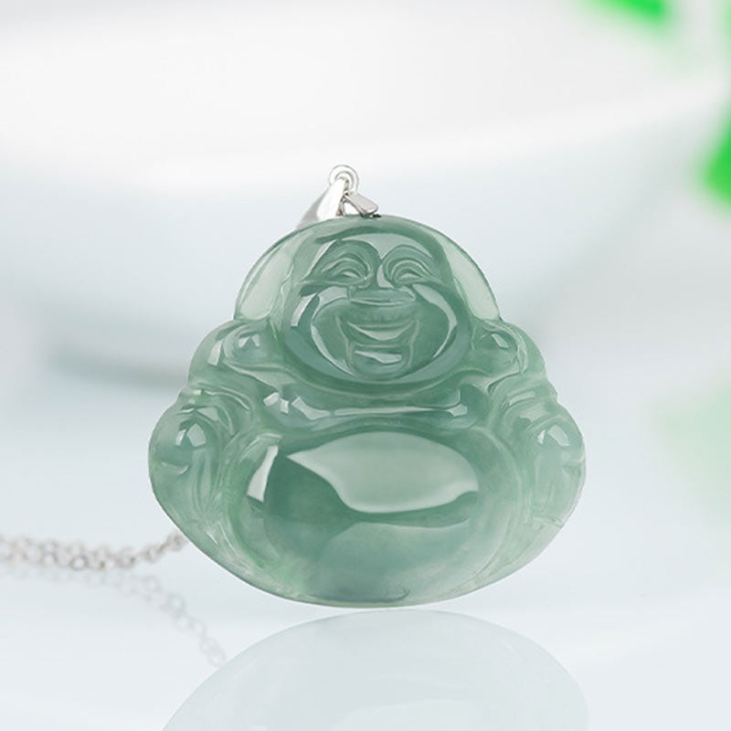 Naszyjnik z Buddha Stones Śmiejący się Budda z jadeitu, ochrona spokoju, stal tytanowa, łańcuszek - image 2