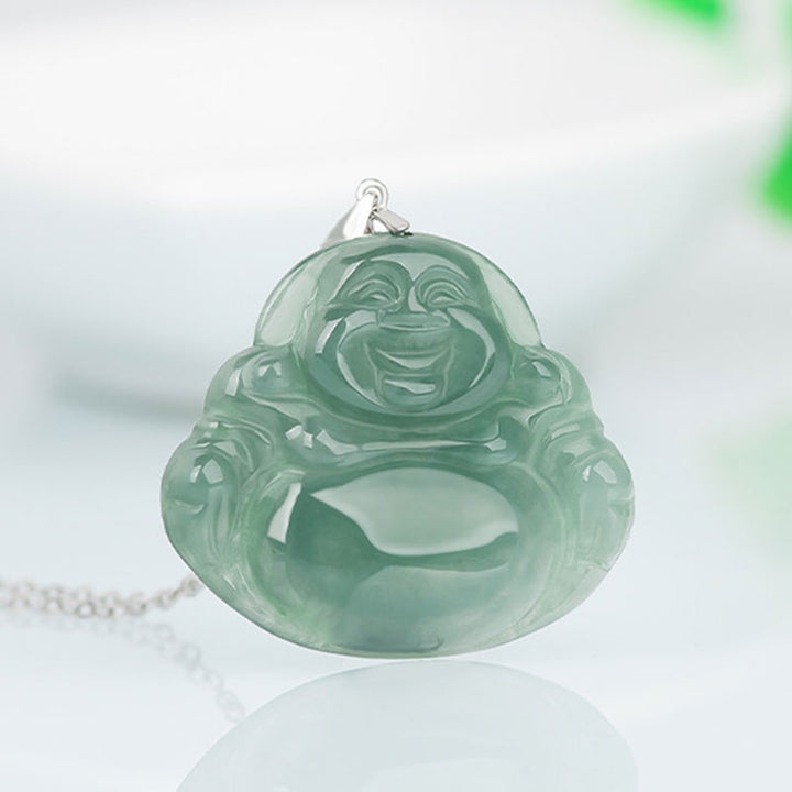 Naszyjnik z Buddha Stones Śmiejący się Budda z jadeitu, ochrona spokoju, stal tytanowa, łańcuszek - image 2