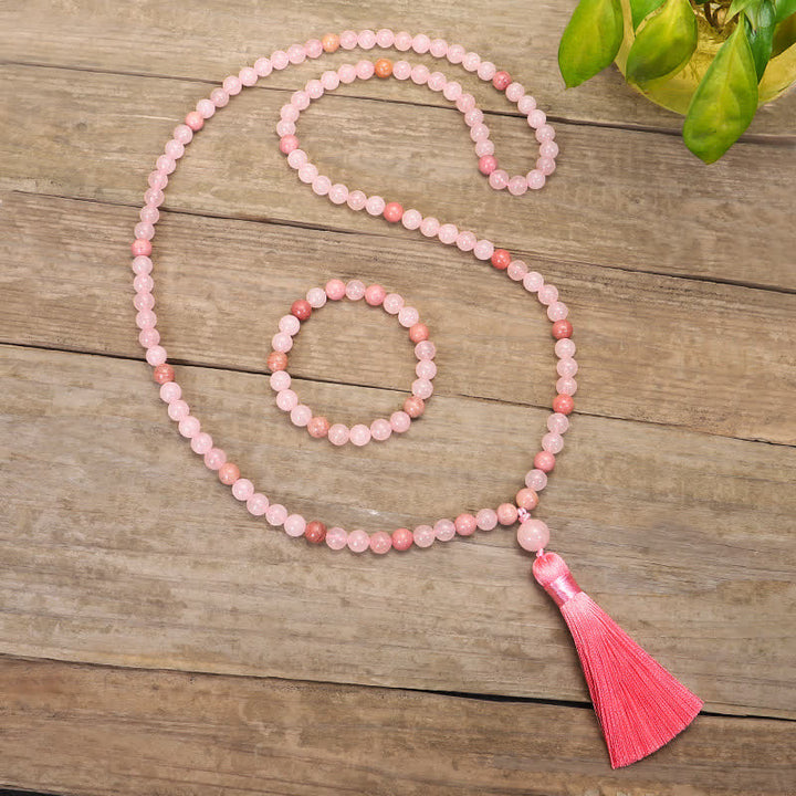 Buddha Stones 108 Mala Beads Różowa Kryształowa Bransoletka z Chwostem Miłości
