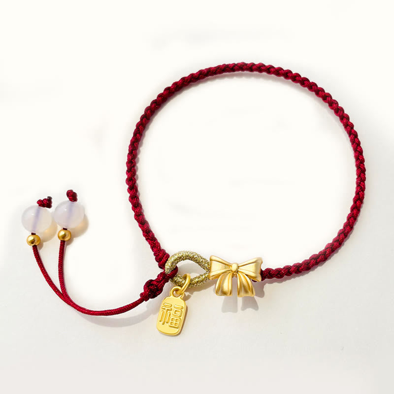 Buddha Stones Ręcznie Robione Brzoskwiniowe Kwiaty Rozeta Kokarda Węzeł Fu Charakter Charm Szczęście Fortuna Czerwona Bransoletka Lina