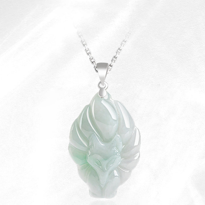 Buddha Stones 925 Srebro Sterling Naturalny Jade Dziewięcioogonowy Lis Naszyjnik Wisiorek Dobrobyt