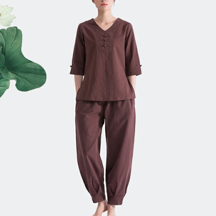 Buddha Stones Joga Medytacja Modlitwa Dekolt w serek Projekt Bawełna Len Odzież Jednolita Praktyka Zen Zestaw Damski - image 8