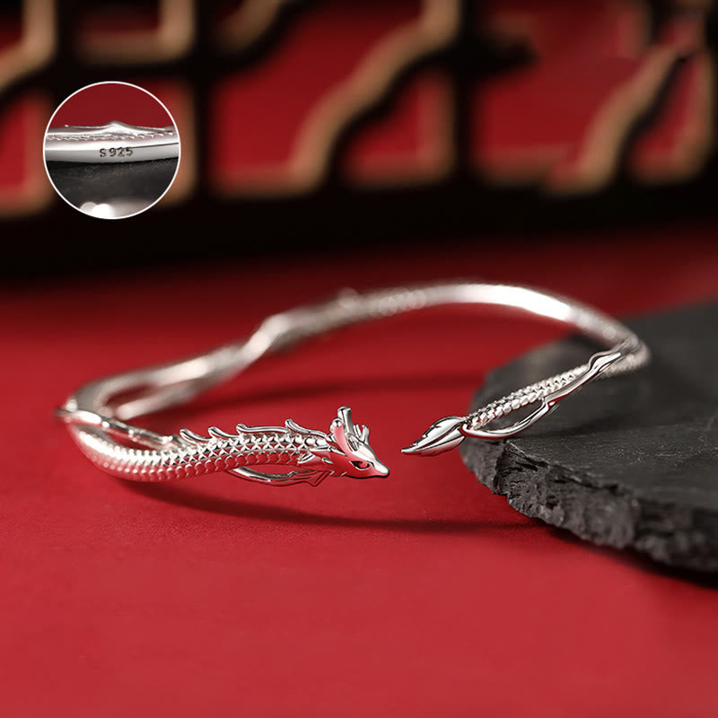Buddha Stones 925 Srebro Sterlingowe Rok Smoka Projekt Szczęścia Metalowa Bransoletka Mankietowa Bangle