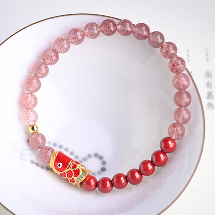 Buddha Stones Naturalny Kwarc Truskawkowy Cynober Lucky Koi Fish Healing Bransoletka
