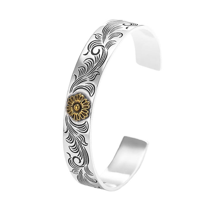 Buddha Stones Dynastia Tang Kwiat Projekt Róży Kwiat Pióro Rzeźbiona Miedziana Bransoletka Szczęścia Bangle