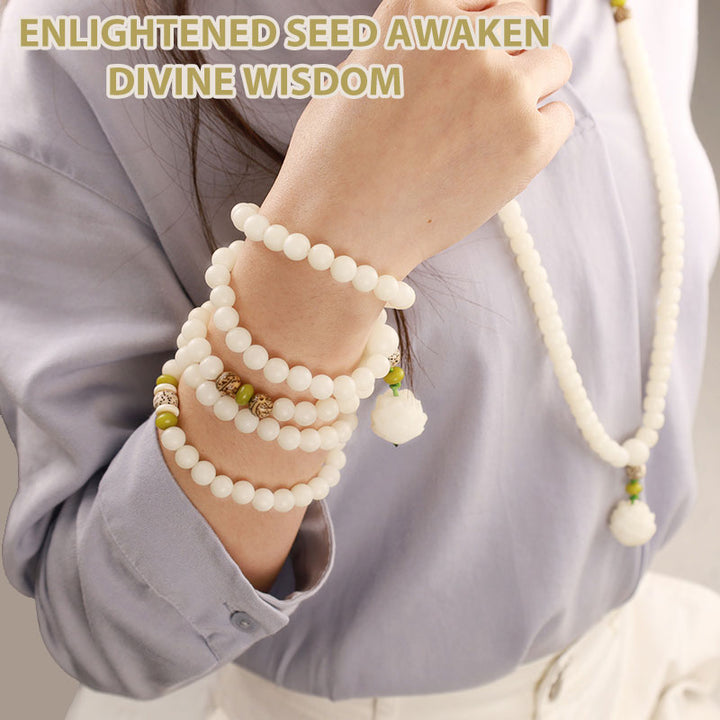 Buddha Stones Biały Jadeit Bodhi Lotus Mala Harmony Naszyjnik Bransoletka