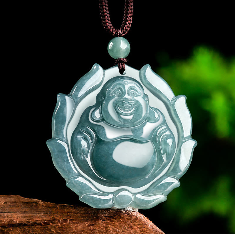 Buddha Stones Naturalny Jadeit Śmiejący Się Budda Wzór Lotosu Naszyjnik Szczęście Wisiorek - image 3