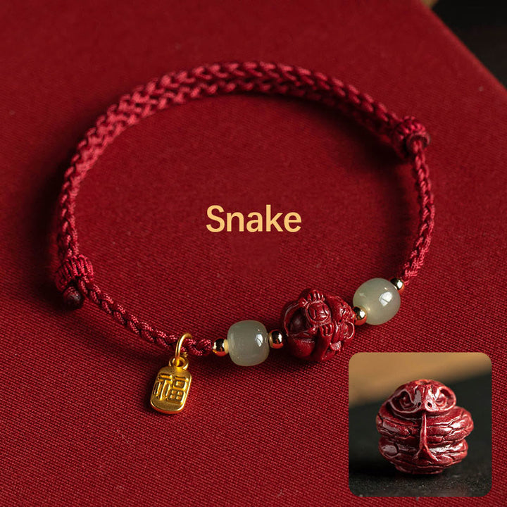 Buddha Stones Naturalny Cynober Chiński Zodiak Hetian Jade Fu Charakter Szczęścia Bransoletka Lina
