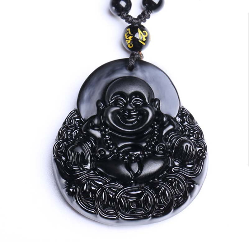 Naszyjnik z Buddha Stones Śmiejący się Budda Czarny Obsydian Siła Ochrona - image 6