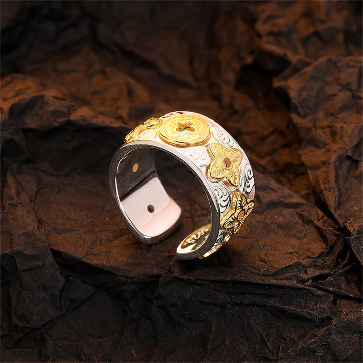 Pierścionek szczęścia z motywem kwiatów z dynastii Tang , Buddha Stones, 925 Sterling Silver