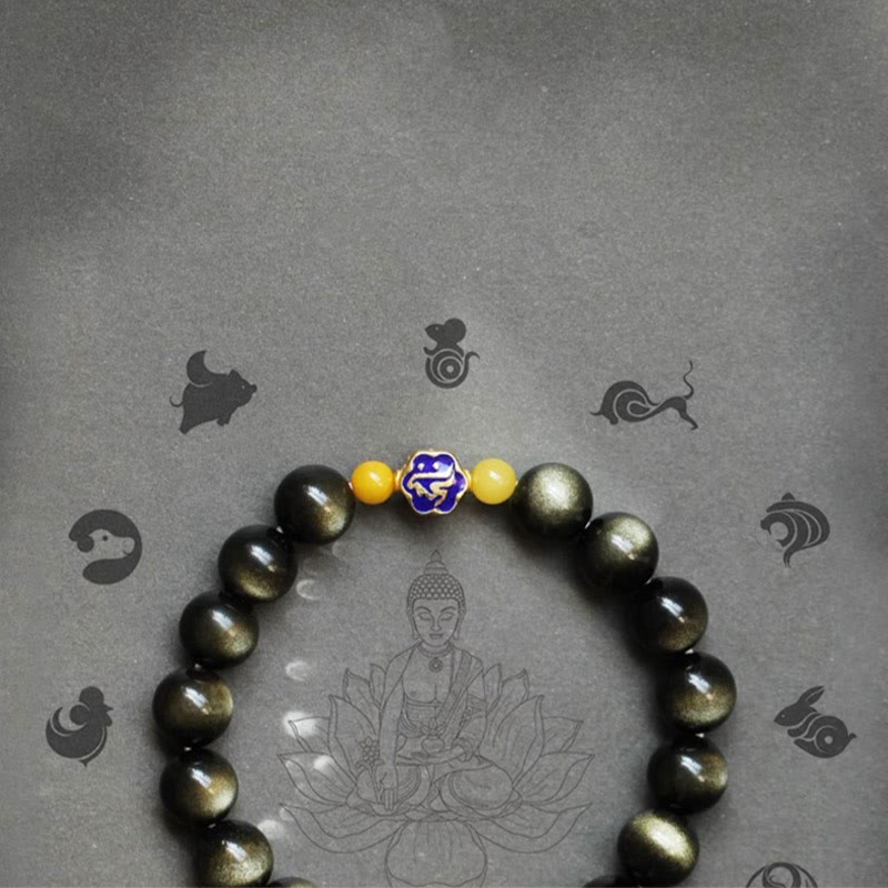Buddha Stones 925 Srebro Sterlingowe Chiński Zodiak Natal Budda Naturalny Złoty Połysk Obsydian Bursztyn Bransoletka Ochrony Bogactwa