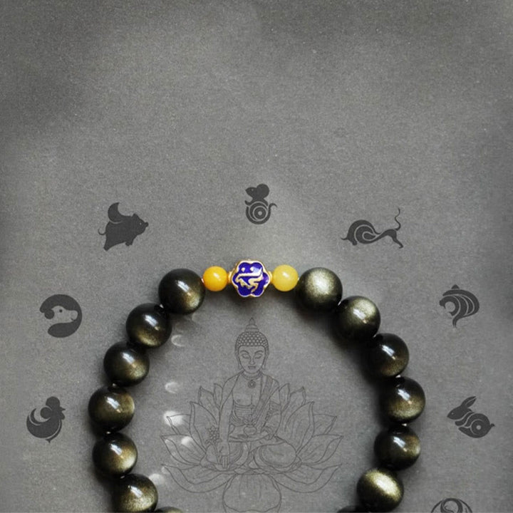 Buddha Stones 925 Srebro Sterlingowe Chiński Zodiak Natal Budda Naturalny Złoty Połysk Obsydian Bursztyn Bransoletka Ochrony Bogactwa