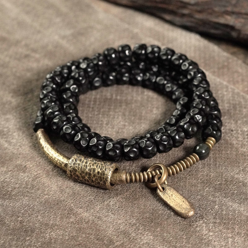 Bransoletka z potrójnym owinięciem "Buddha Stones Retro Coconut Shell Brass Copper Happiness" - 17-17,5 cm - image 0