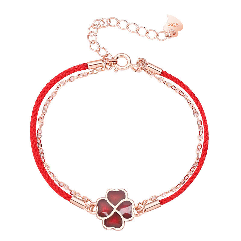 Bransoletka Buddha Stones 925 Sterling Silver Color Changing Four Leaf Clover Luck Protection Red String