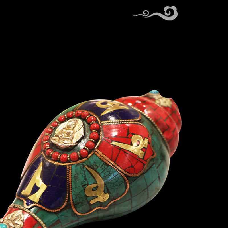 Tybetańska, ręcznie robiona Shankha Om Mani Padme Hum Budda Muszla Muszla Przynosząca szczęście dekoracja - image 6