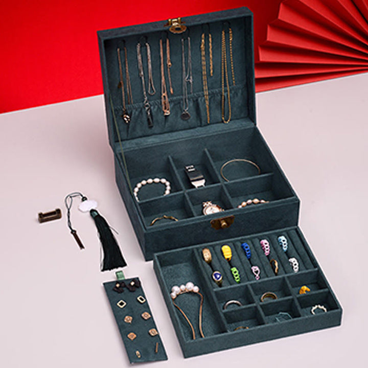 Buddha Stones Prosty Design Organizer na biżuterię Dwuwarstwowe pudełko do przechowywania biżuterii Flanelowe pudełko z zamkiem - image 8