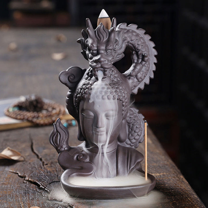 Buddha Stones Smok Budda Pomyślne Chmury Fioletowa Glina Uzdrawiająca Kadzielnica Dekoracja