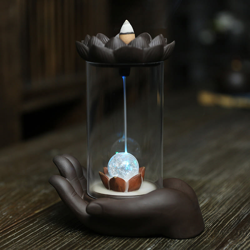 Buddha Stones Ręka Buddy Lotos Oświecenie Światło LED Fioletowa Glina Ceramiczna Kadzielnica Dekoracja