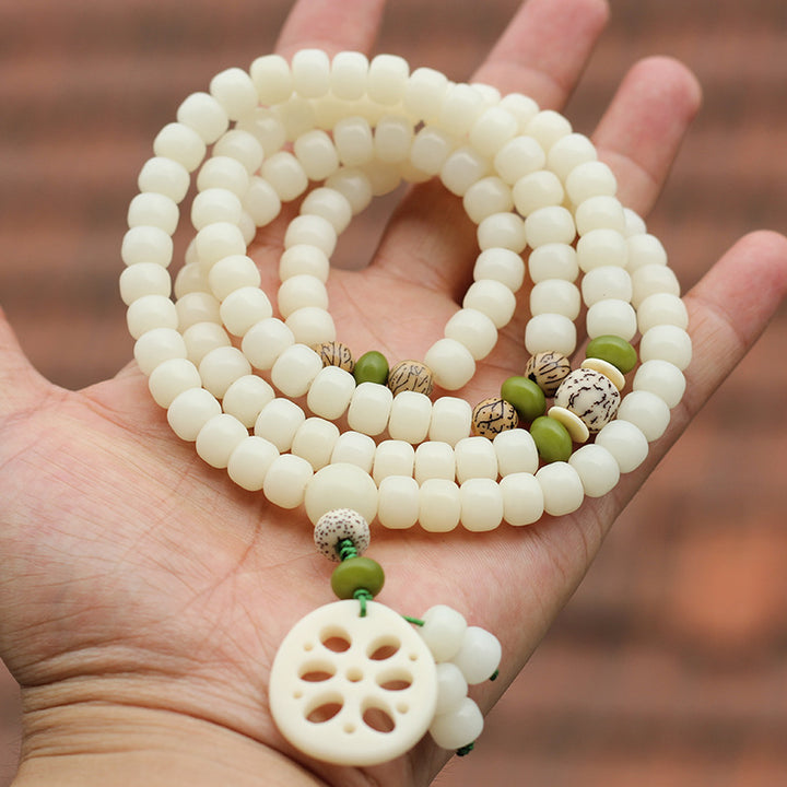 Buddha Stones Białe Nasiona Bodhi Mala 108 Koralików Bransoletka Szczęścia