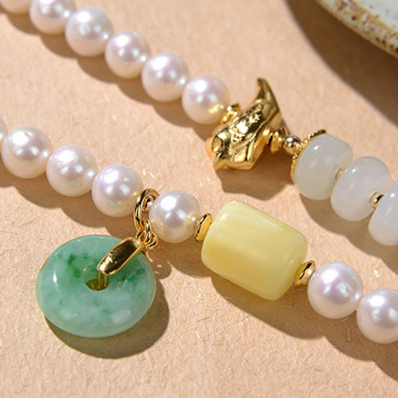 Buddha Stones 925 Srebro Sterlingowe Perła Hetian Jade Czerwony Agat Podwójne Szczęście Bursztyn Szczęście Bransoletka Czterokrotnie Owijana