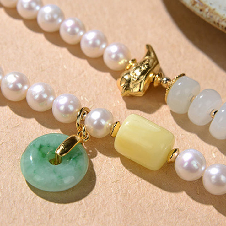 Buddha Stones 925 Srebro Sterlingowe Perła Hetian Jade Czerwony Agat Podwójne Szczęście Bursztyn Szczęście Bransoletka Czterokrotnie Owijana