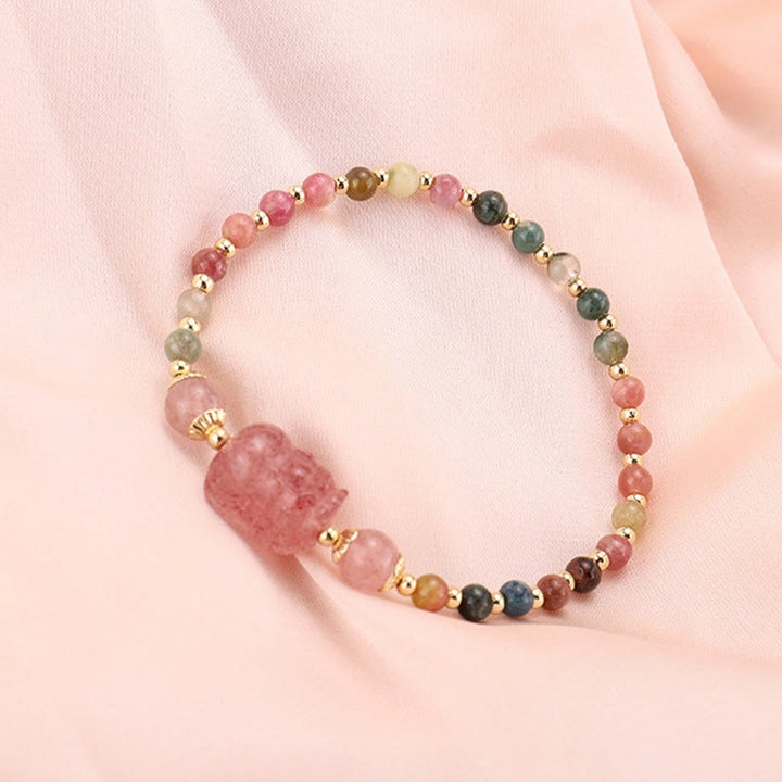 Bransoletka ochronna z Buddha Stones , naturalnym turmalinem, granatem i kwarcem truskawkowym PiXiu Moonstone