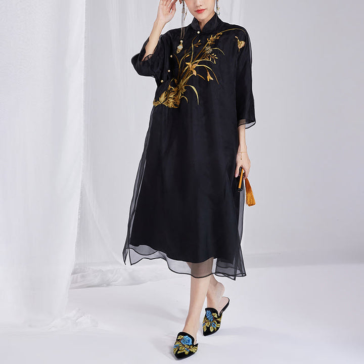 Buddha Stones 100% jedwab morwowy 6 Momme Sukienka Vintage Flower Butterfly Haft Qipao Sukienka damska Cheongsam - image 17