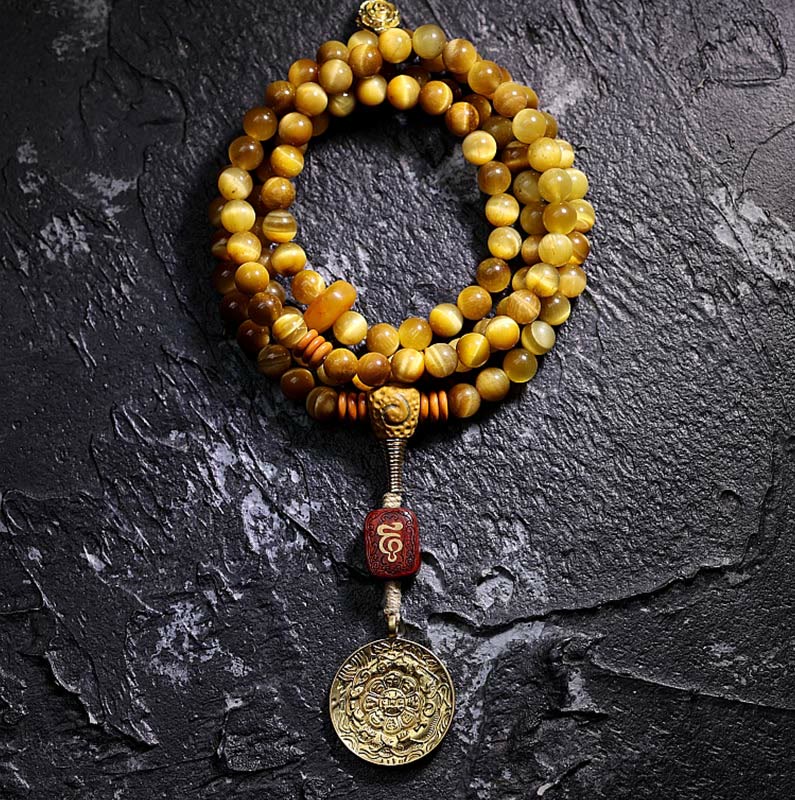 Buddha Stones 108 Mala Koraliki Naturalne Tygrysie Oko Miedź Dorje Ochrona Bransoletka z Chwostem
