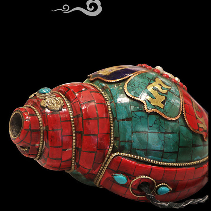 Tybetańska, ręcznie robiona Shankha Om Mani Padme Hum Budda Muszla Muszla Przynosząca szczęście dekoracja - image 4