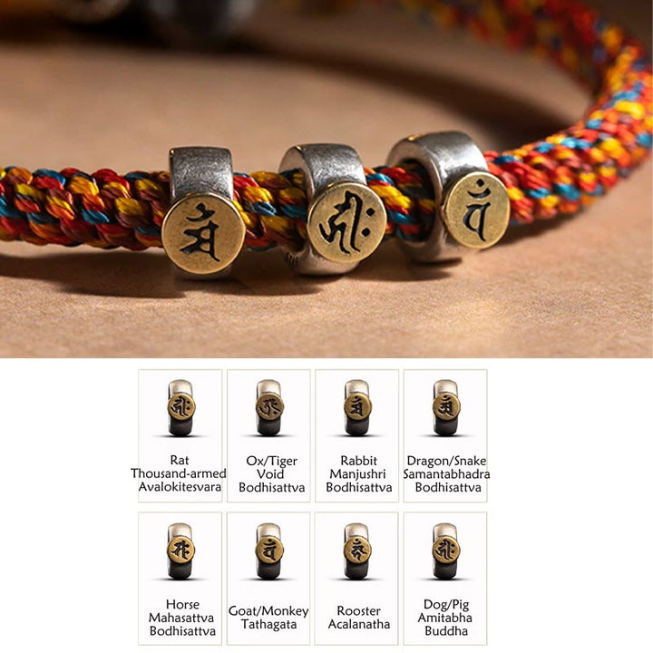 Buddha Stones Ręcznie robione Tybetańskie 925 Srebro Chiński Zodiak Natal Budda Zakiram Bogini Ochrony Bogactwa Wielokolorowa Bransoletka Pleciona Lina